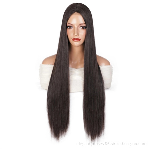 Aodale 30 Inches Middle Part Long Straight Black Hair Synthetic Hair Wigs For Black Women Heat Resistant Fiber Lace Wigs